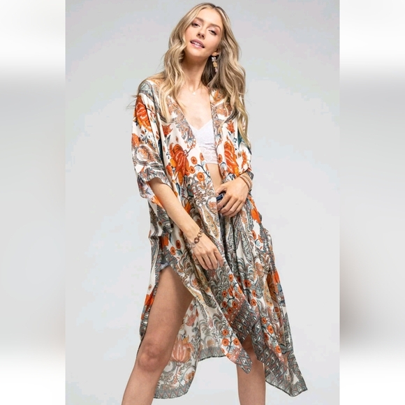 Macchia Di Ruggine Alabaster Dobby Jacquard Viscose Kimono OSFM Boho Indie - Picture 1 of 14